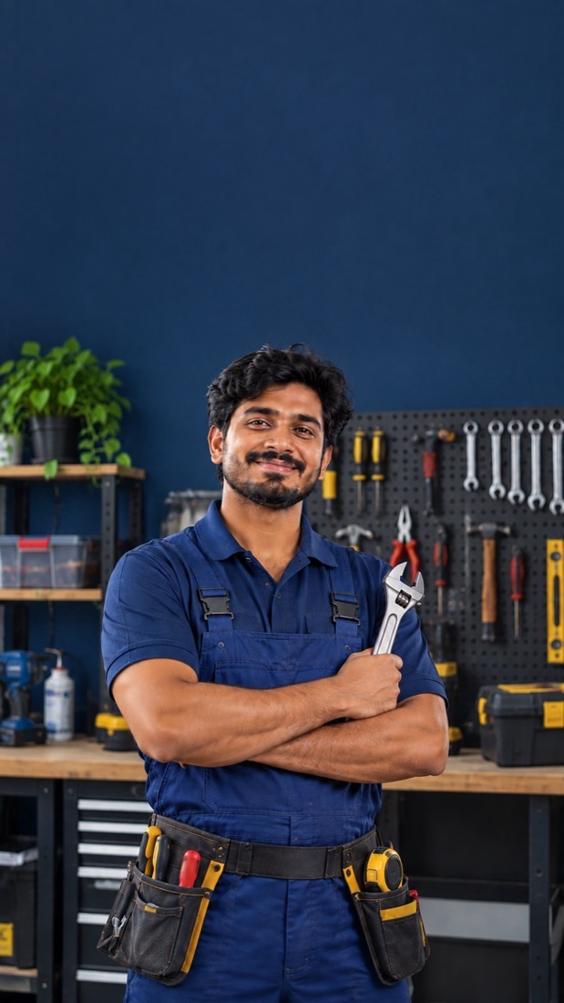 A smiling Bhai Booking worker holding a wrench
